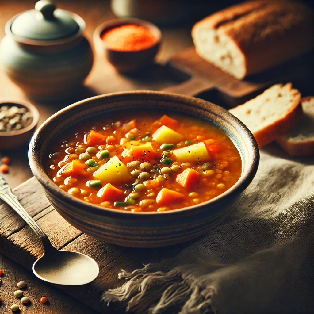 Постный чечевичный суп — тёплая тарелка с насыщенным оранжевым бульоном и овощами.
