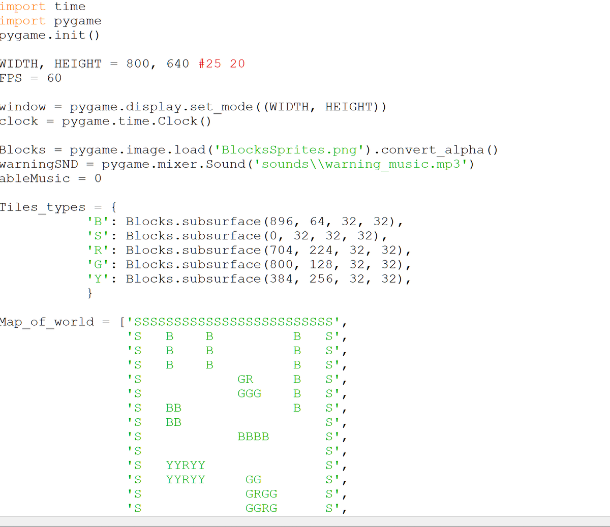 Задаю параметры экрана, создаю карту и распределяю какие буквы какими блоками будут 