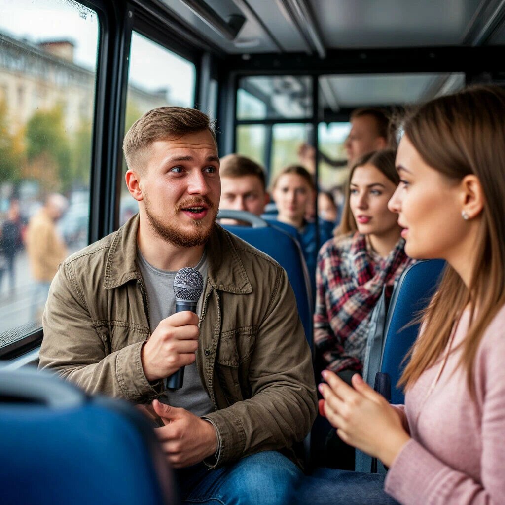 Экскурсовод ведет экскурсию в автобусе