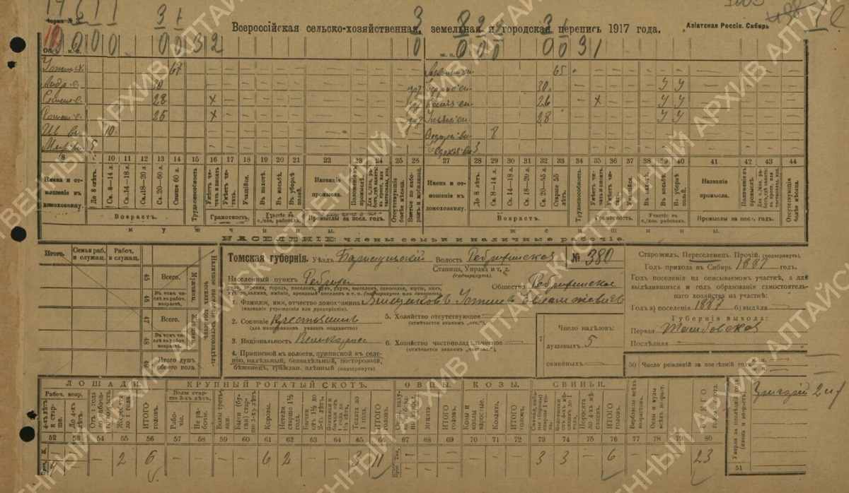Анкета с/х переписи 1917 года - Ямщиков Устин Емельянович