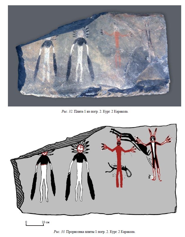 Изображения на плитах погребения в Караколе из книги В.Д. Кубарева "Памятники Каракольской культуры Алтая"