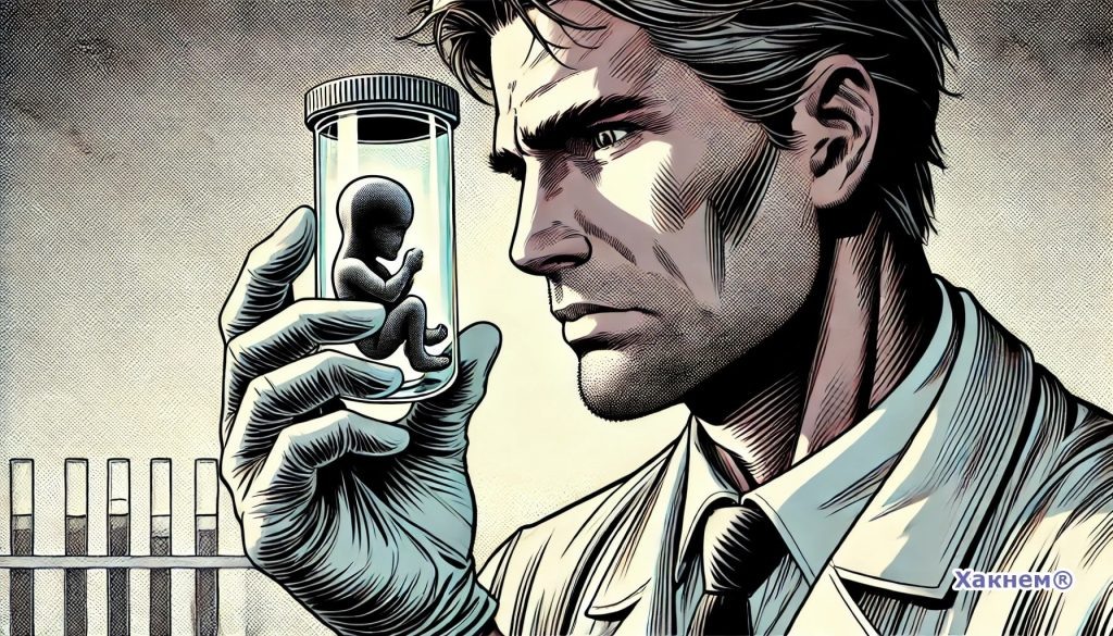 Учёный внимательно изучает плод в пробирке.