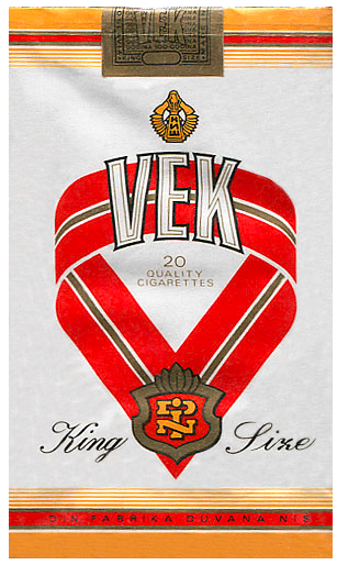 "VЕK" King Size. Сербия, 1989 год. 20 штук с фильтром в мягкой упаковке. Производитель: Din-Fabrika Duvana Nis. Владелец торговой марки: Din-Fabrika Duvana Nis.