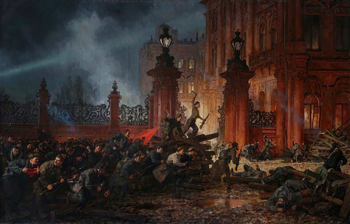 Кочергин Николай Михайлович. Штурм Зимнего дворца. Холст, масло. 175х227. 1950. Челябинский государственный музей изобразительных искусств.
