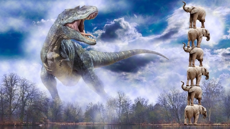 Изображение динозавра в соотношении к размерам слонов.