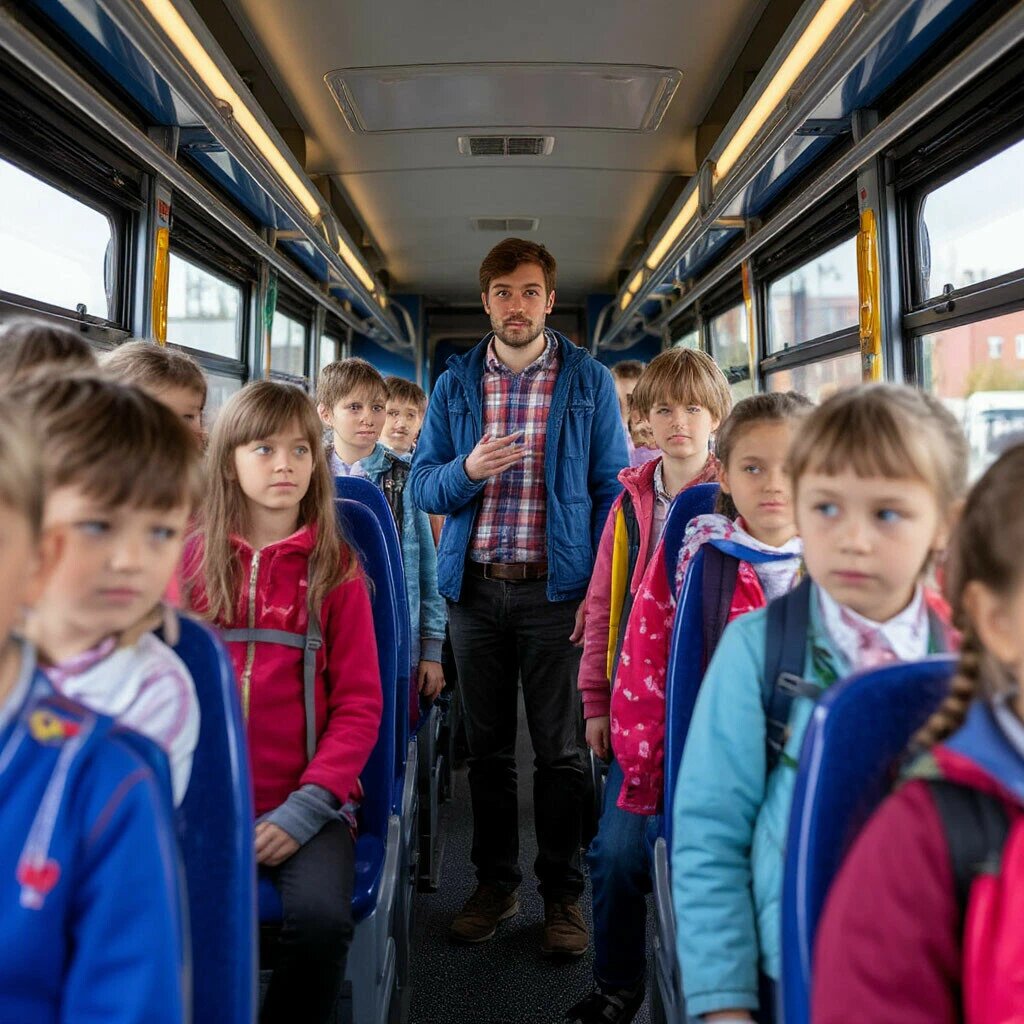 Экскурсовод ведет детям экскурсию в автобусе
