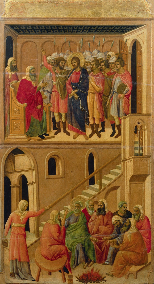 «Отречение апостола Петра». Фрагмент Маэсты работы Дуччо. «Маэста» - алтарный образ, созданный в 1308— 1311 годах по заказу города Сиена художником Дуччо ди Буонинсенья.