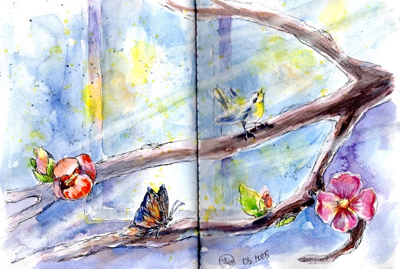 Собрала все свои приметы весны: птицу на ветке, кривая ветка перед окном, солнечные зайчики, пробудившаяся бабочка и зацветающие цветы.