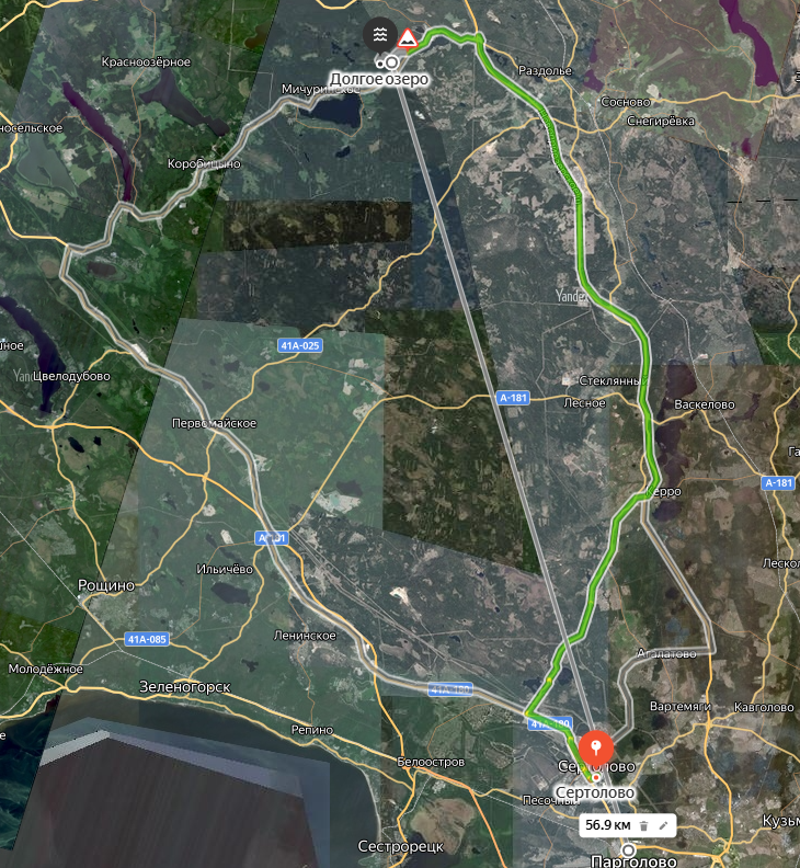Расстояние и маршрут до озера Долгое.