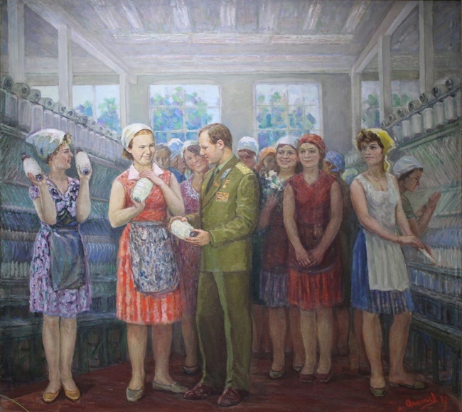 Илл.: Художник Андрей Ананьев. Картина «Юрий Гагарин и Валентина Гаганова на Вышневолоцком хлопчатобумажном комбинате». 