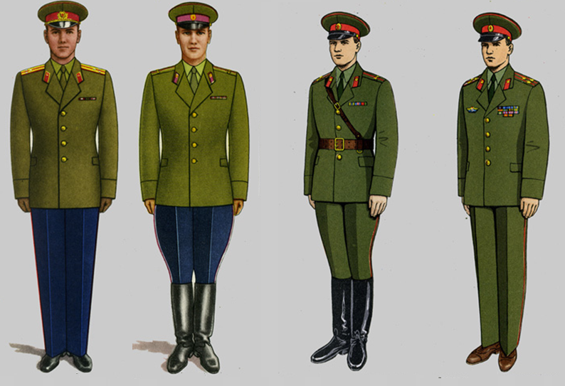 Старший лейтенант в парадно-выходной форме вне строя (Приказ 1959 г.), лейтенант в повседневной форме (1959 г.), лейтенант в повседневной форме для строя (Приказ 1969 г.), полковник в повседневной форме вне строя (1969 г.). Изображение из открытых источников