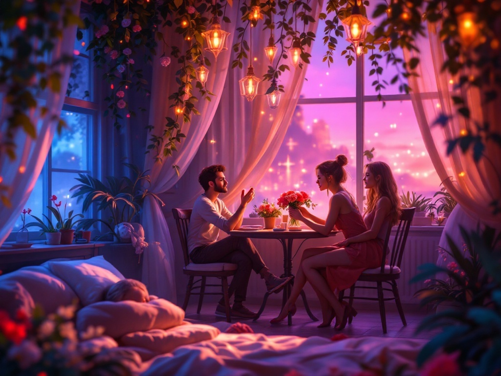    К чему такое снится: Я нарисую персонажа сидящим за столом в уютном кафе. К нему подходит группа друзей, и один из них протягивает персонажу обручальное кольцо и букет цветов. Персонаж с