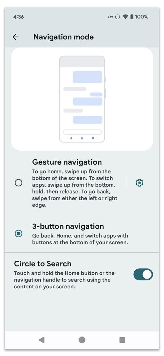 В Android 15 элементы управления «Круг для поиска» можно найти в меню «Режим навигации» в настройках телефона. На этом изображении телефон переключен в режим с тремя кнопками.Источник...GoogleИзображение