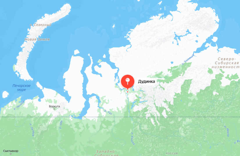 Дудинка на карте России (Фото: https://yandex.ru/maps/geo/dudinka/53110860/?ll=86.215709%2C69.409018&source=serp_navig&z=12)