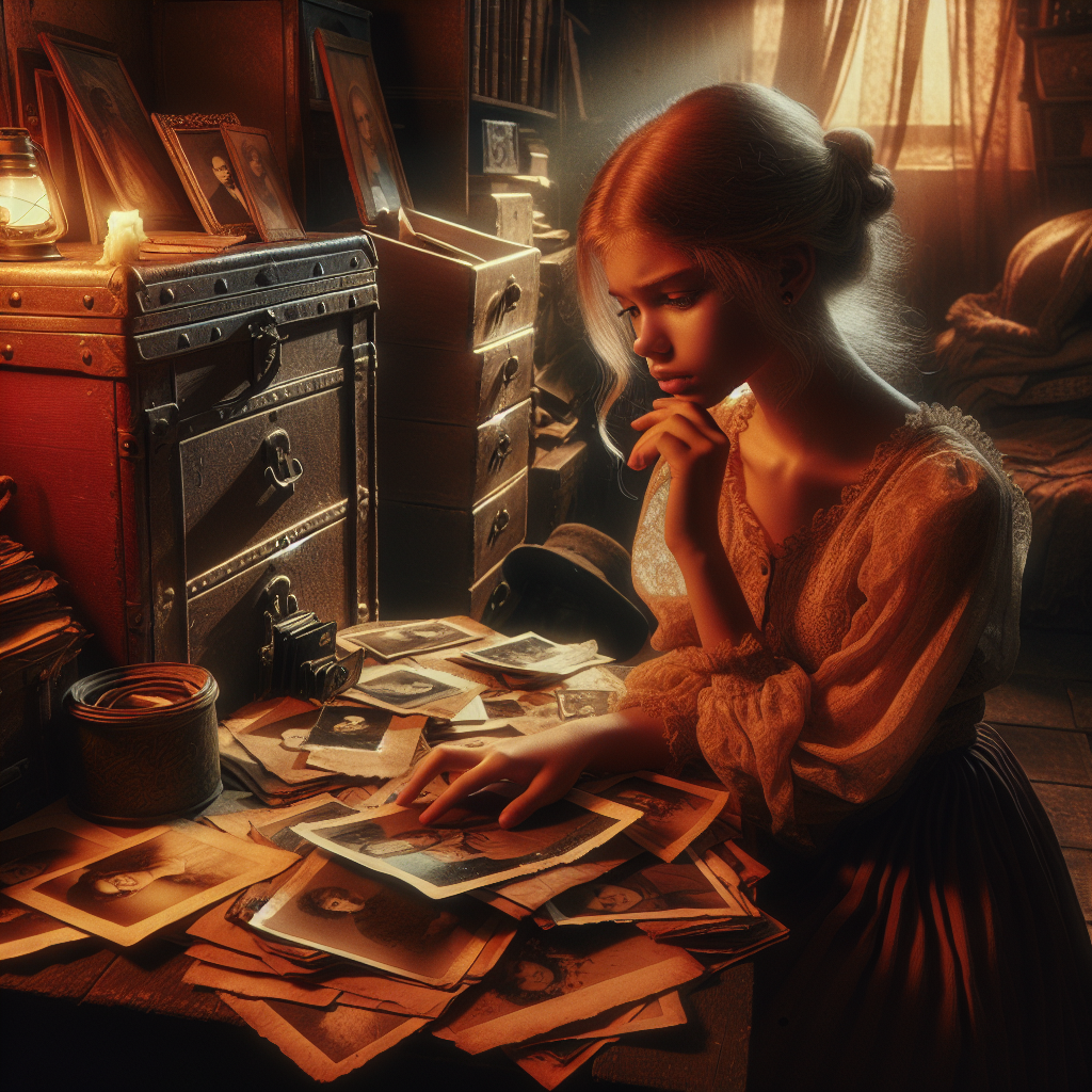 Комната, заваленная старыми вещами. Лиза перебирает фотографии, ее взгляд задумчив и печален. | Картинка - ИИ-арт © Надежда Иванова.