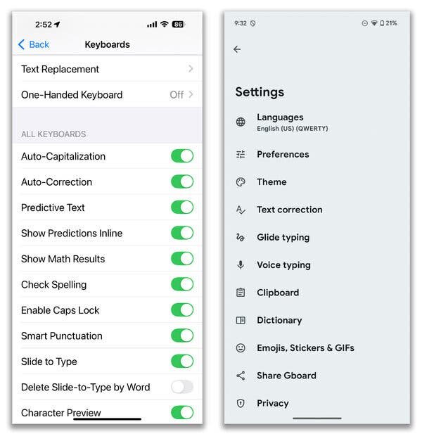 Настройки клавиатуры для Apple, слева, и Google, справа, содержат элементы управления для сочетаний клавиш, функций диктовки и многих других инструментов, упрощающих ввод текста.Источник...Apple; GoogleИзображение