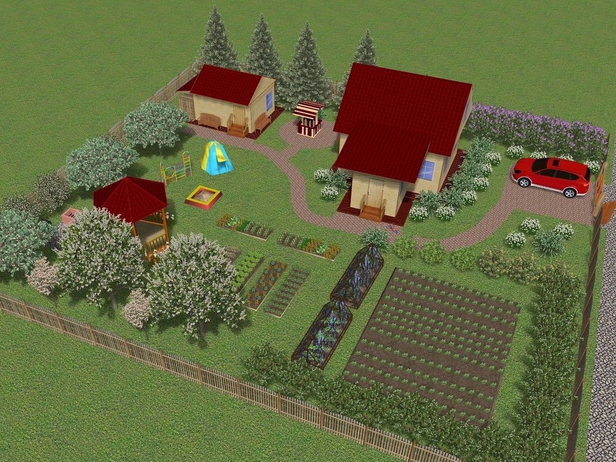 Пример схемы обустройства дачного участка с зоной отдыха и огородом