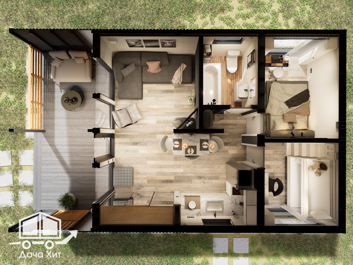 3d планировка модульного дома Чеснок 52