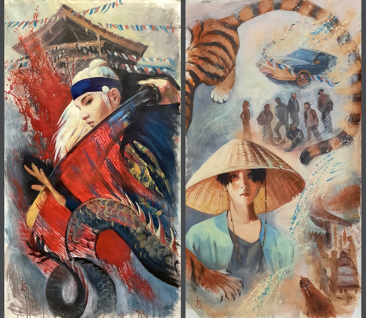 Диптих "DAECHWITA". 1. Dragon, 2. Tiger. Холст, акрил, 140х80 каждая. написан специально для участия в выставке "Встреча вметсо расставанья" в г. Тэгу, Юж. Корея. 