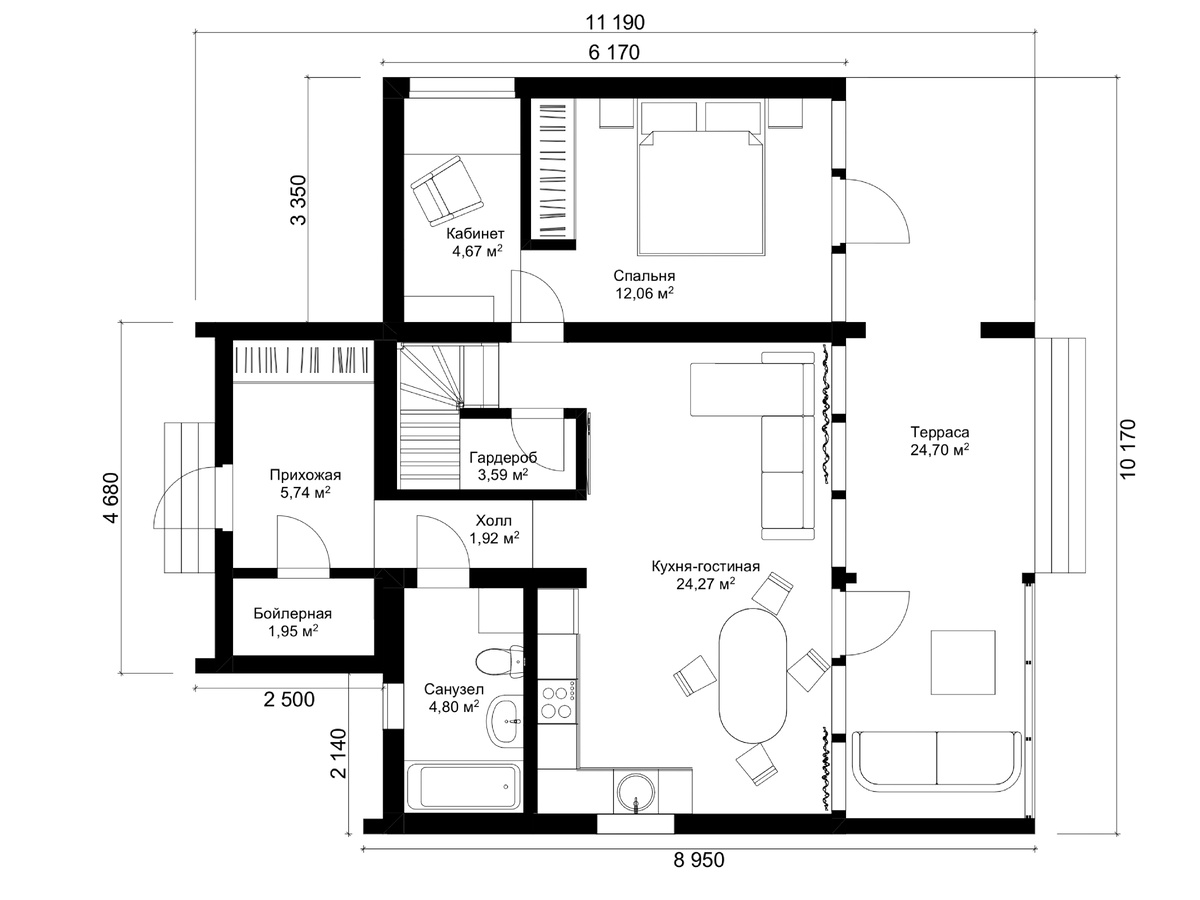 Чертеж 1-го этажа в модульном доме Перец 115