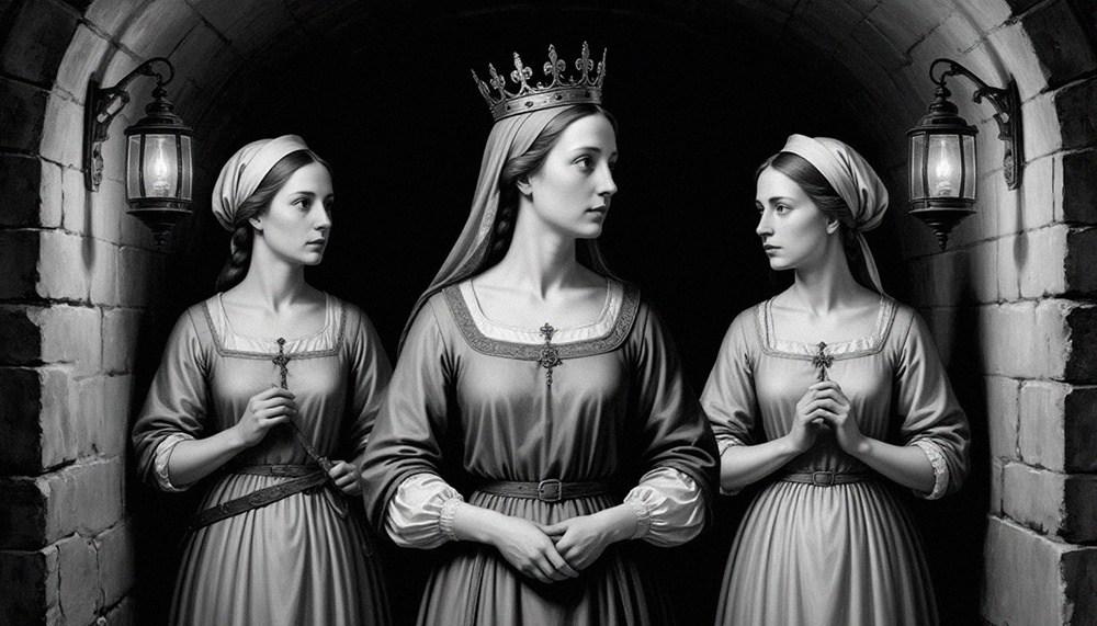 Королева в сопровождении двух служанок.