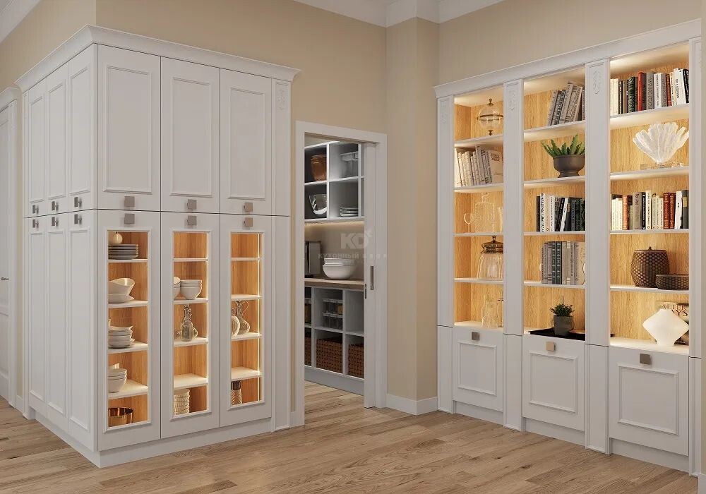 Шкафы-витрины могут быть с нижними выдвижными ящиками, встроенной горизонтальной и вертикальной подсветкой