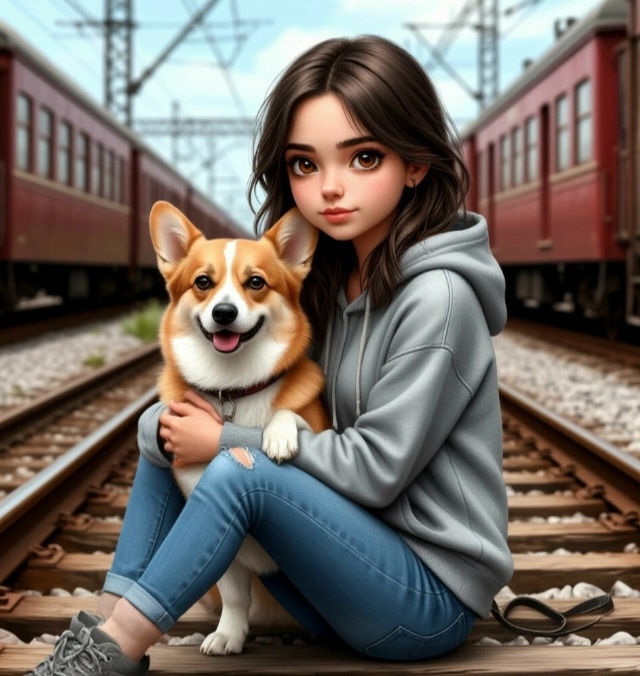 Маринка и Лаки от шедеврума. Вначале я хотела, чтобы ИИ изобразил Лаки, Тыковку и Мерианн на путях, но всё время выходила Тыковка и её два клона -_-