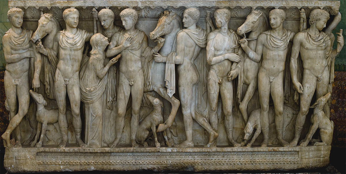 Саркофаг со сценами мифа о Федре и Ипполите. Фронтальная панель: отправление Ипполита и его друзей на охоту и его встреча с кормилицей Федры. Мрамор. Конец II в. н. э. Санкт-Петербург, Государственный Эрмитаж.