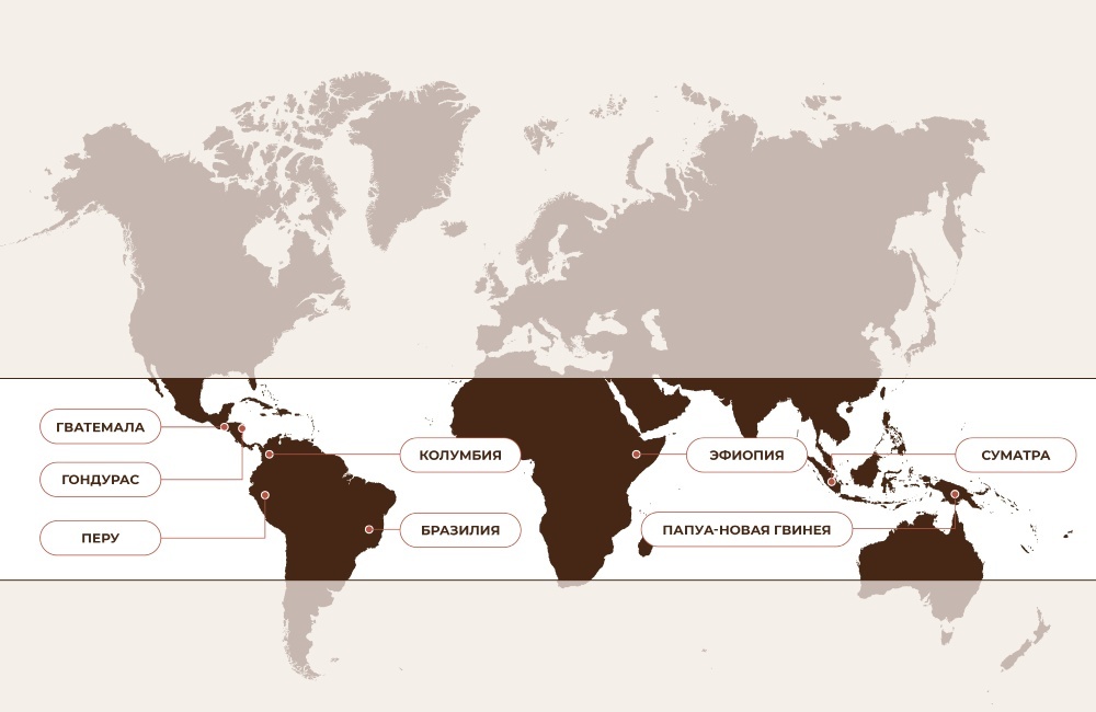 Страны, в которых выращивают кофе, расположены вблизи экватора. Эту зону называют «кофейным поясом»