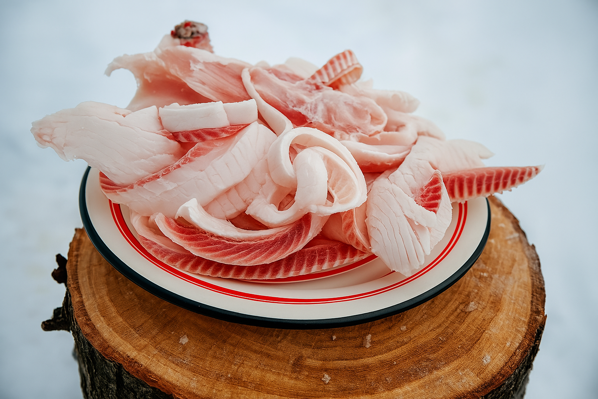 Настоящая строганина — без соуса, без понтов, просто свежайшая северная рыба и острый нож. Белок в чистом виде и вкус, который невозможно забыть.