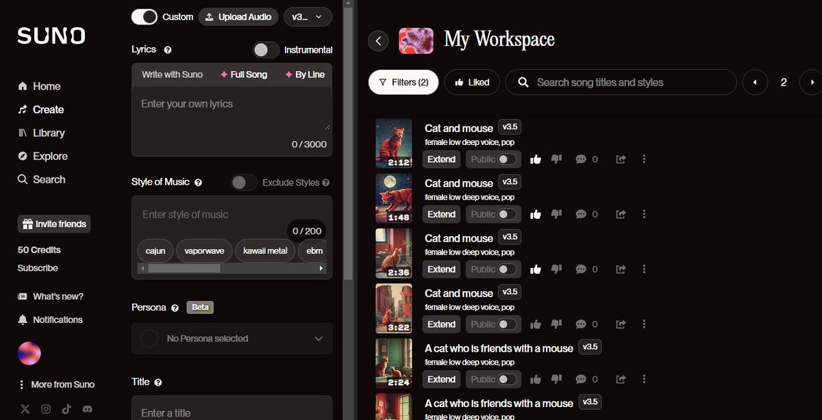 Интерфейс  Suno