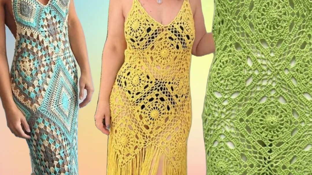 Примеры вязаных платьев из мотивов. Коллаж автора канала.