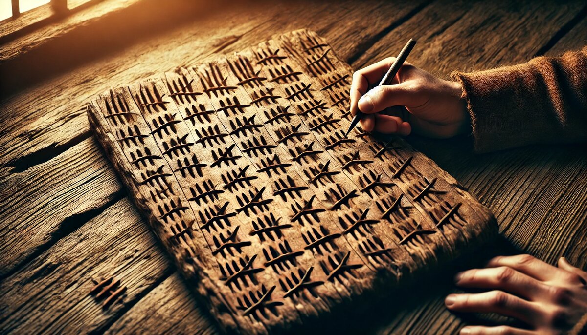 Старая деревянная дощечка с зарубками, символизирующая древний способ запоминания информации. 