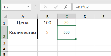Цена =B1*0,2 → 20  Количество =B1*B2 → 500
