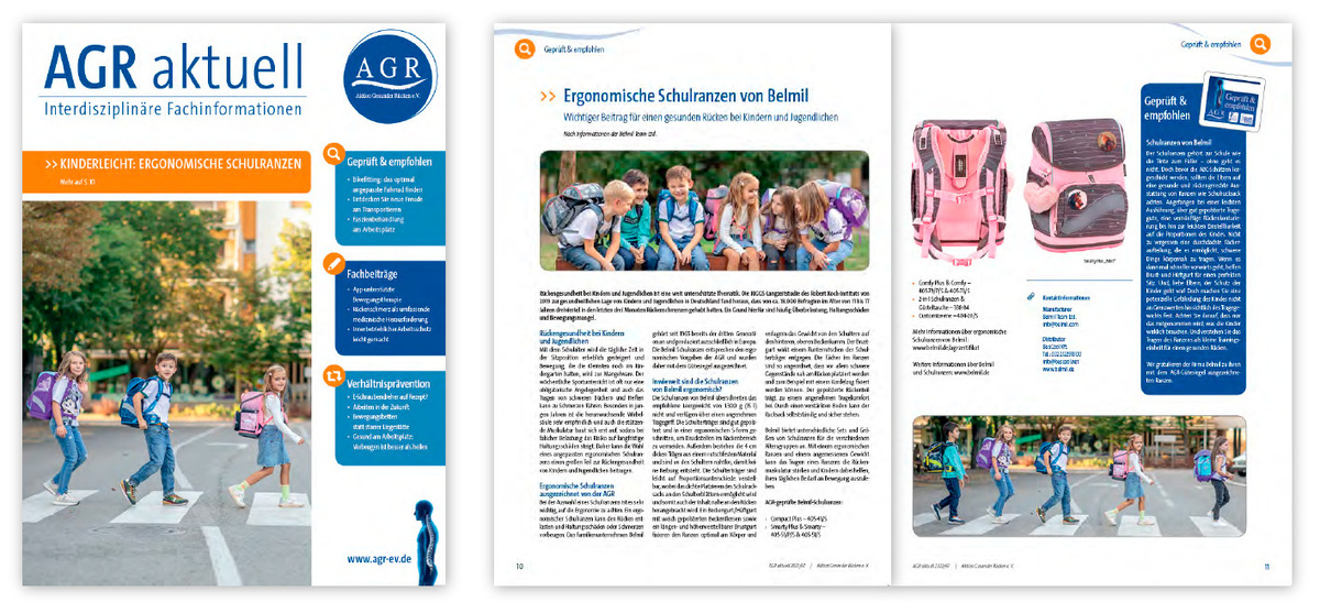 Разворот ежемесячного журнала AGR, посвященный эргономическим свойствам ранцев Belmil. AGR - авторитетная немецкая организация, занимающаяся вопросами здоровья спины, подтверждает высокое качество и заботу о здоровье детей, которую мы вкладываем в каждый ранец.