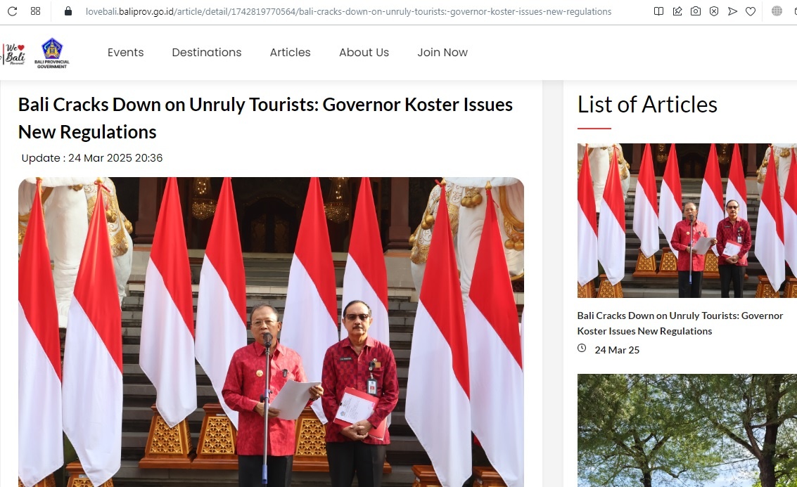 Скриншот со страницы официального портала правительства Бали.