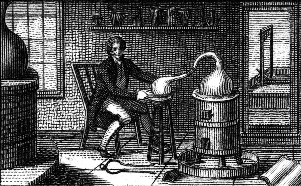 Гравюра с Лавуазье и аппаратом, который он использовал в своих экспериментах с оксидом ртути и кислородом. Источник: WELLCOME COLLECTION.