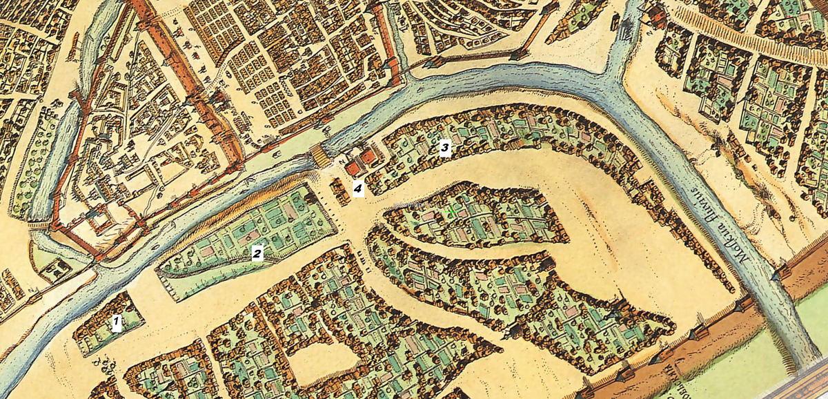 1597, Петров чертеж. 1 – Верхние сады, 2 – Средние сады, 3 – Нижние сады, 4 – кабак