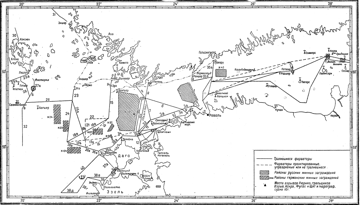Карта минных заграждений и фарватеров в Финском заливе в 1916 году