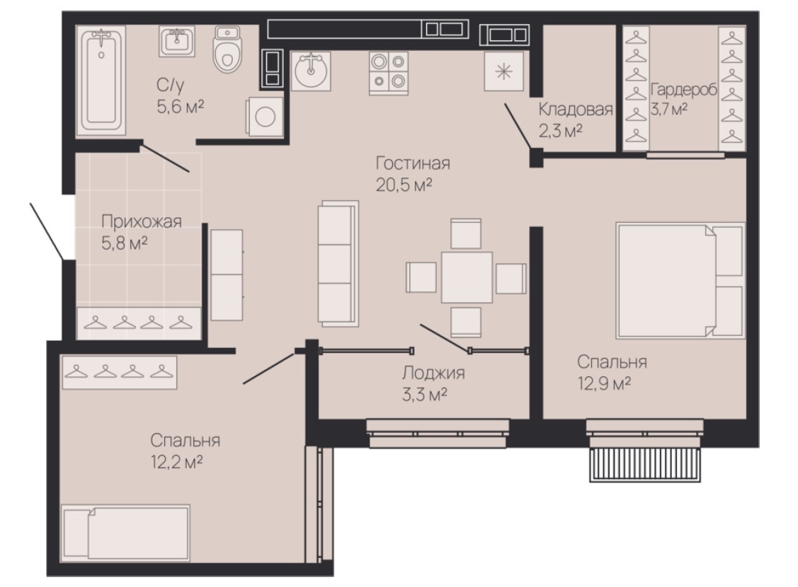 Вариант планировки 2-квартиры в КД "Резиденция"