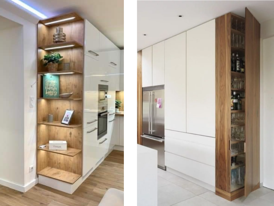 Слева – открытые полки с подсветкой, справа – закрыли фасадом