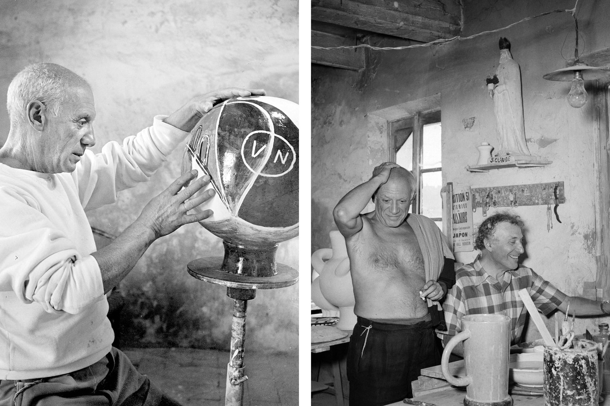    Слева: Пикассо в своей студии, около 1940 года / Пабло Пикассо с Марком Шагалом во Франции, 1948 год