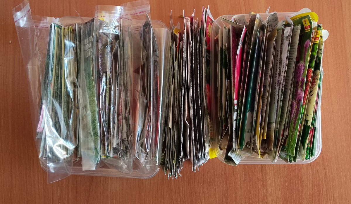 Слева ещё не вскрытые пакетики, посередине уже пустые, справа - пакетики с остатками семян