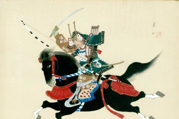 Японская картина на шелке в традиционном японском стиле, изображающая воина-самурая верхом на лошади. (Фото: The Print Collector/Коллекционер принтов/Getty Images)