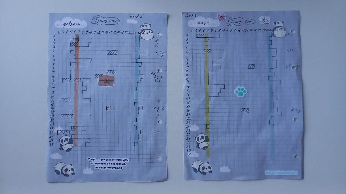 Трекеры Режима дня февраль (слева) и март (справа) 2025 года