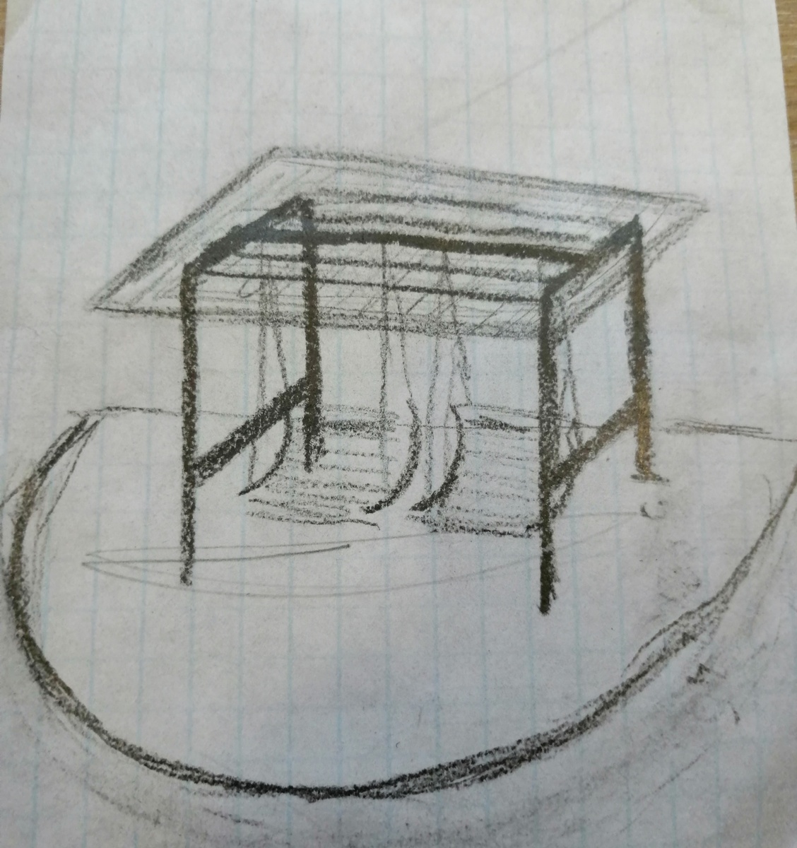 Это самый первый рисунок качелей мечты, сделанный в поездке почти на коленке. 