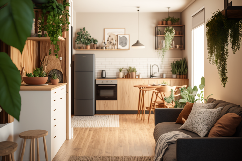    Дизайн интерьера одной комнаты с экологичными материалами в стиле минимализм Keri