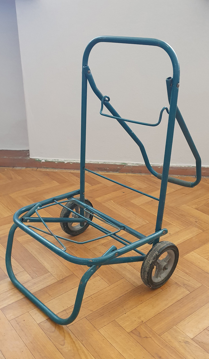 Вот такая тележка. Мощная, надёжная, железная. Надо к ней сумку, чтоб в магазин ходить.
