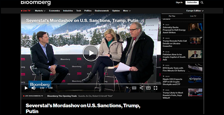 Мордашов в интервью Bloomberg в 2018 году называл себя просто представителем крупного бизнеса, не имеющим отношения к политике // Скриншот страницы сайта bloomberg.com