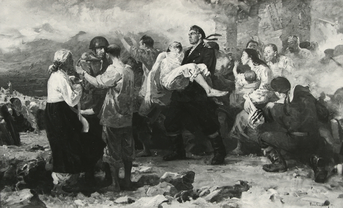 Освобождение Северной Кореи. 1959. Холст, масло. 200 см × 365 см. На картине изображено, как советские десантники освобождают из концентрационного лагеря в Чхончжине истощённых после долго заключения северокорейских военнопленных.